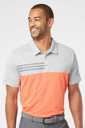 Adidas Mens 3 Stripes Colorblock UPF 50  Short Sleeve Polo Shirt - Heather Grey/Heather Coral - NEW