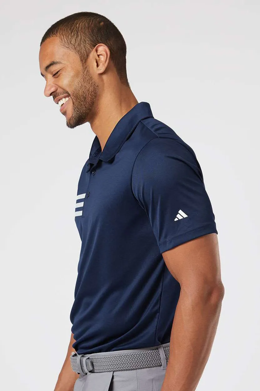 Adidas Mens 3 Stripes UPF 50  Short Sleeve Polo Shirt - Collegiate Navy Blue/White - NEW