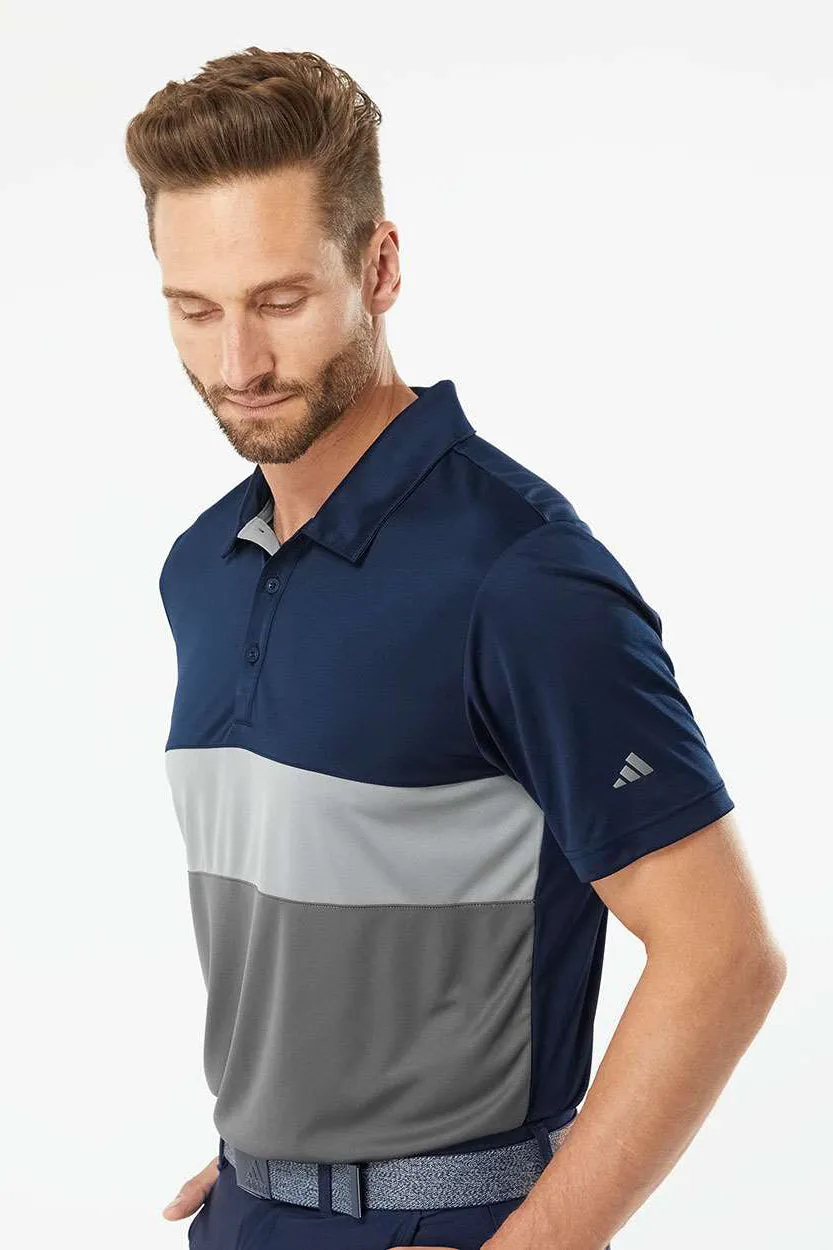 Adidas Mens Merch Block UPF 50  Short Sleeve Polo Shirt - Collegiate Navy Blue/Grey - NEW