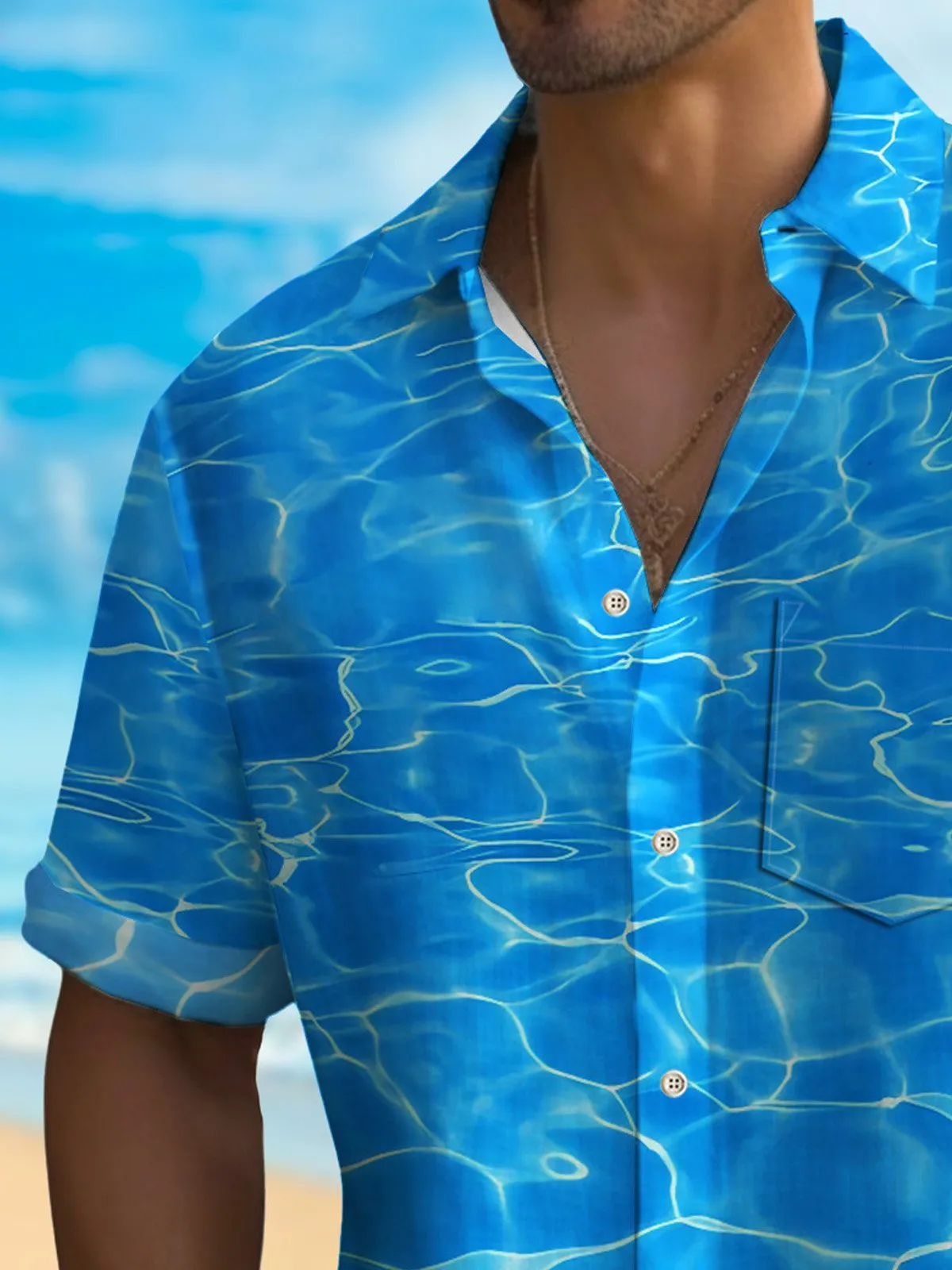 Alohadaddy Abstract Water Wave Men's Hawaiian Shirt Stretch Quick-Dry Camping Pocket Shirt Big Tall