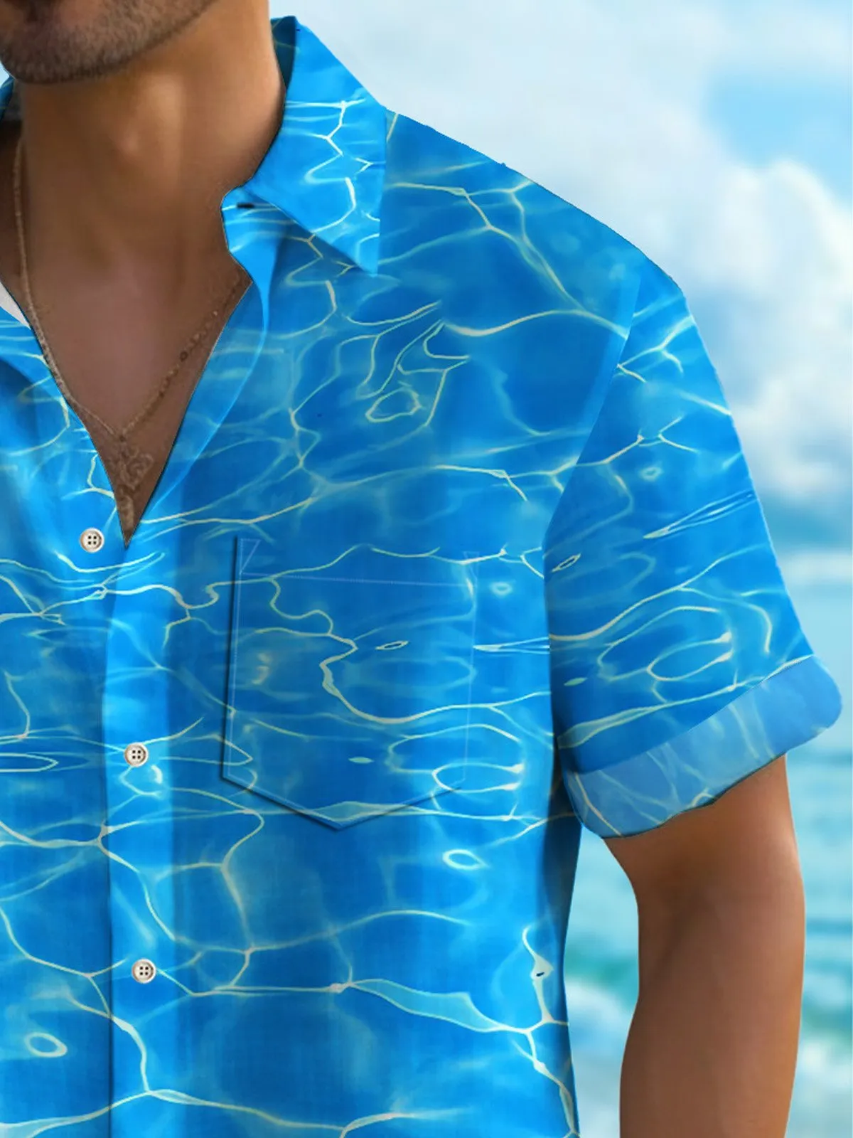 Alohadaddy Abstract Water Wave Men's Hawaiian Shirt Stretch Quick-Dry Camping Pocket Shirt Big Tall