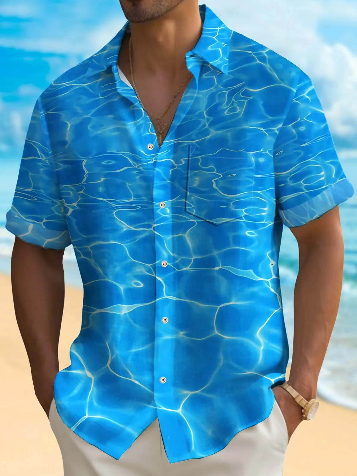 Alohadaddy Abstract Water Wave Men's Hawaiian Shirt Stretch Quick-Dry Camping Pocket Shirt Big Tall