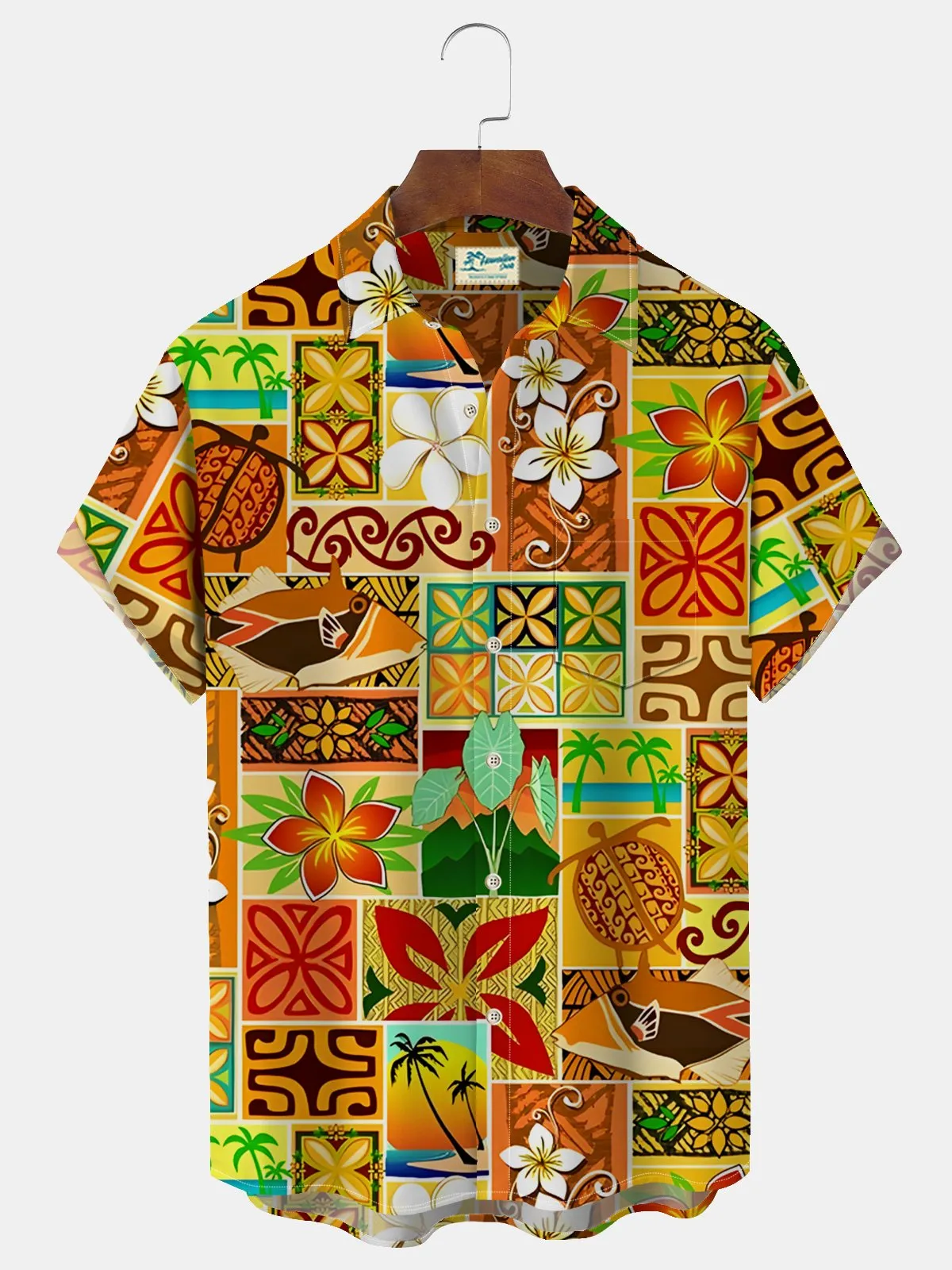 Alohadaddy Beach Holiday Orange Men's Hawaiian Shirt Turtle Coconut Tree Quick Dry Pocket Camp Shirt Big Tall