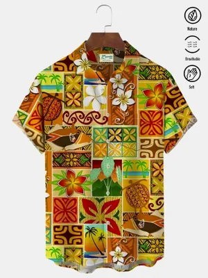 Alohadaddy Beach Holiday Orange Men's Hawaiian Shirt Turtle Coconut Tree Quick Dry Pocket Camp Shirt Big Tall