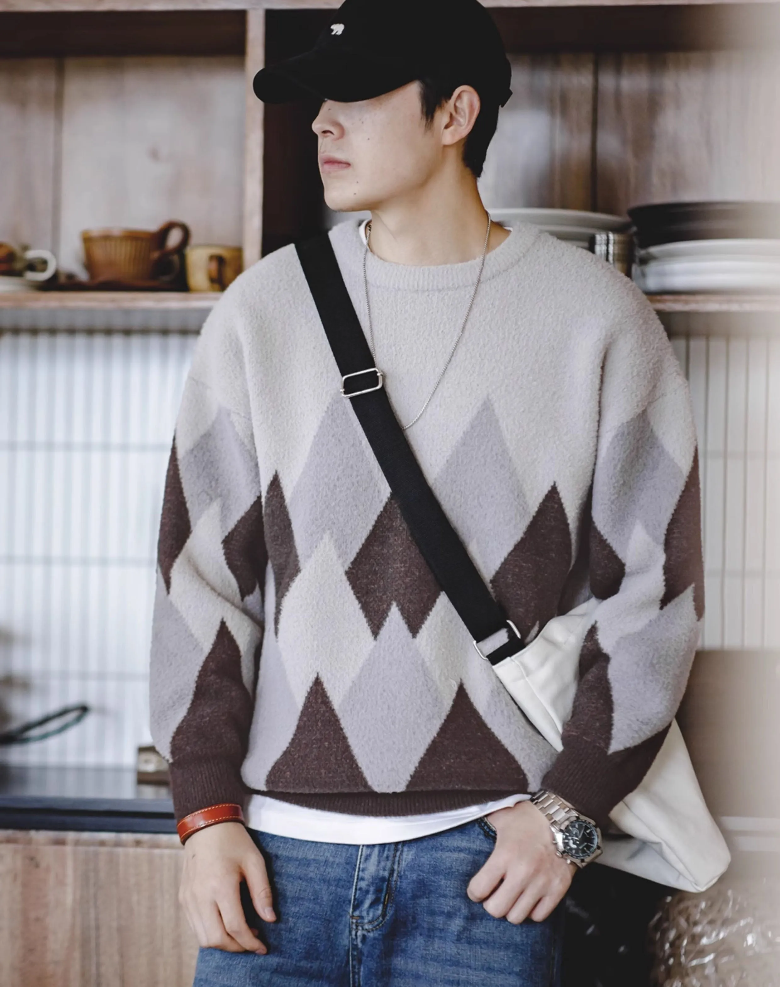 American Snow Mountain Velvet Contrast Color Men's Sweater