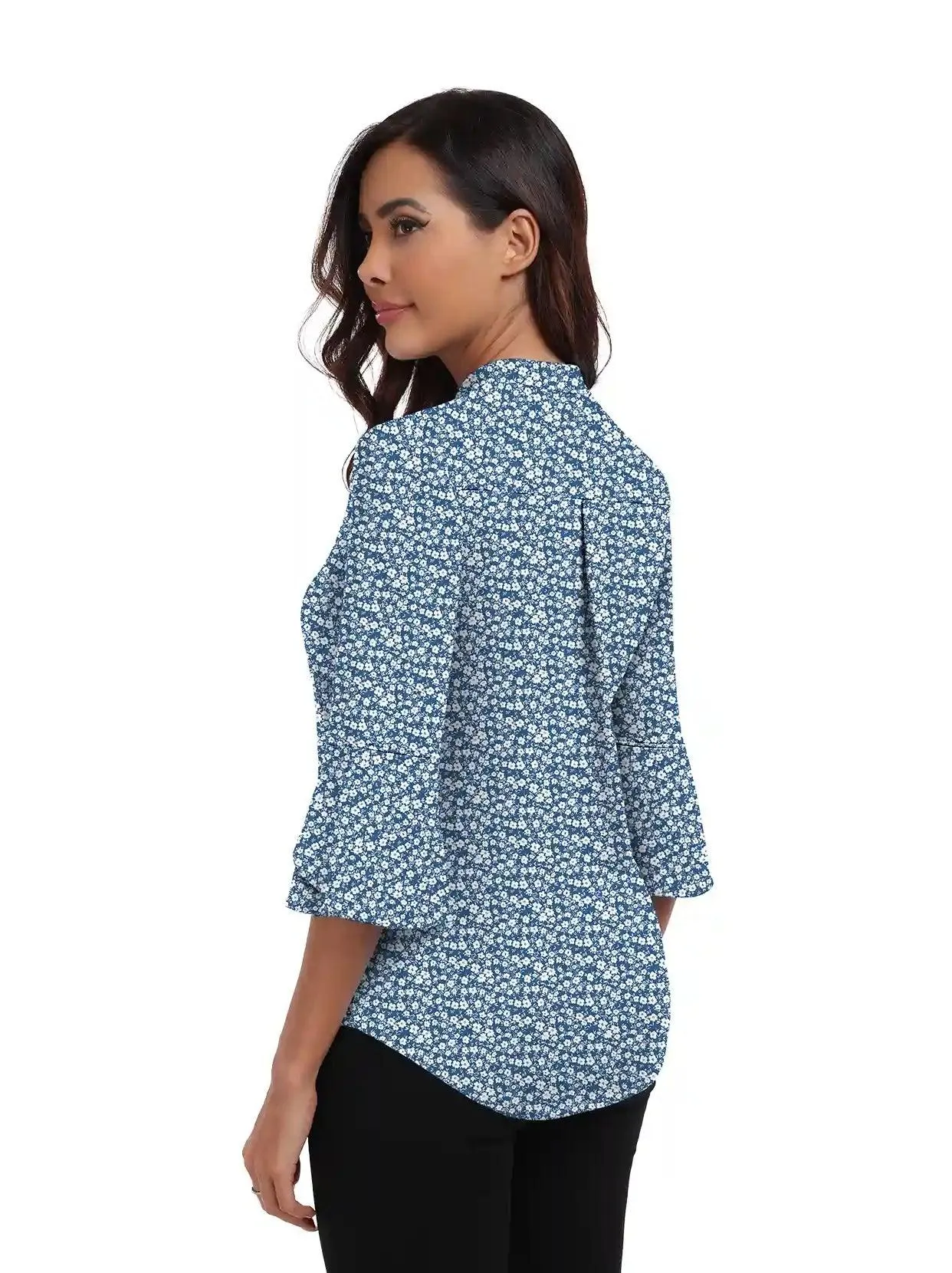 Cute Flower V-neck 3/4  Ruffled Sleeve Golf Shirt For Women