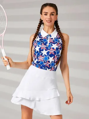 Dark Blue Stars Racerback Athletic Polo Shirts for Women