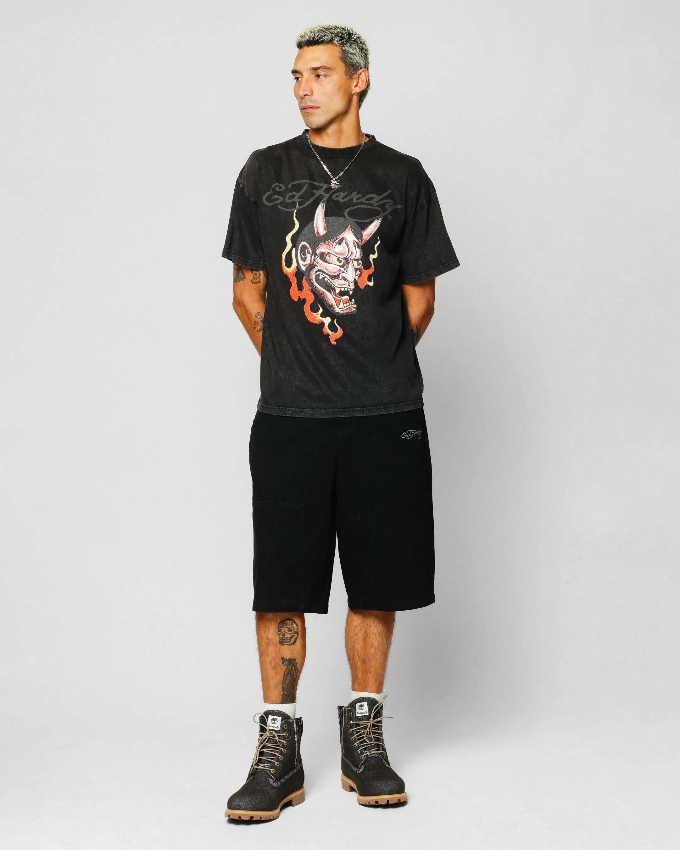 Ed Hardy Horns T-Shirt Black Acidwash
