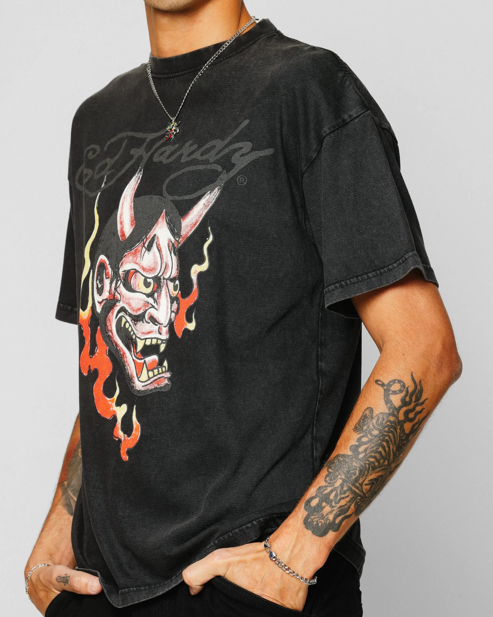 Ed Hardy Horns T-Shirt Black Acidwash