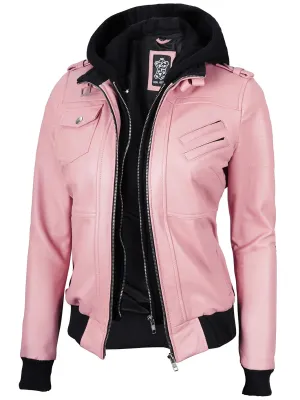 Edinburgh Pink Leather Bomber Jacket With Hood