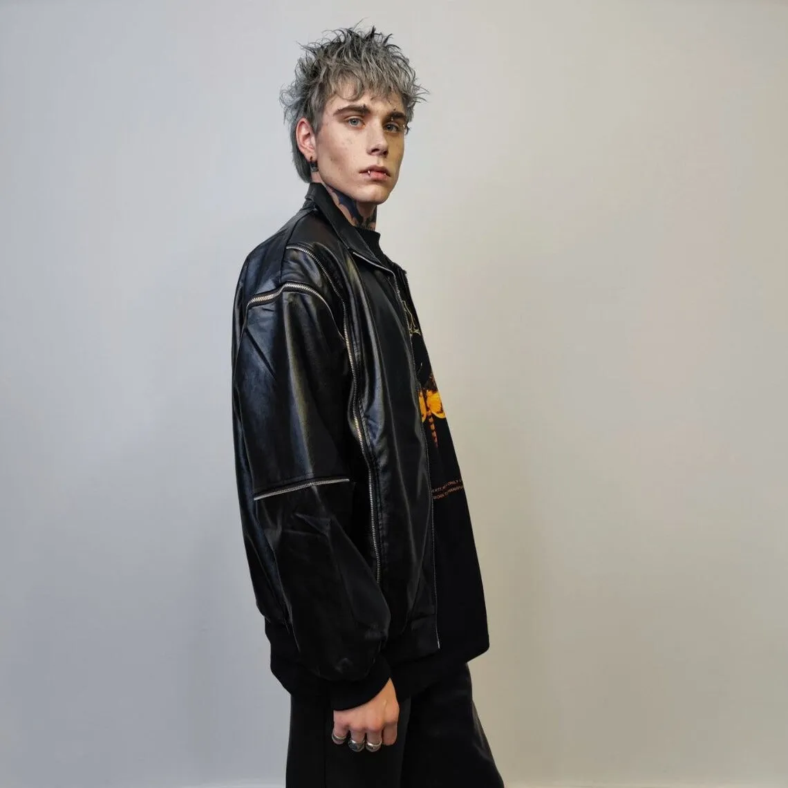 Faux leather biker jacket detachable sleeves PU rocker bomber 2 in 1 grunge utility coat premium motorcycle jacket motor sport coat in black
