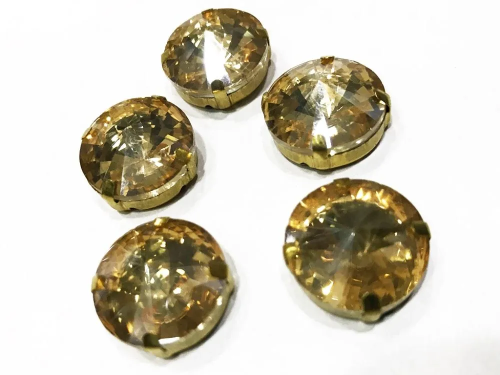 Golden Circular Glass Stone with Catcher (12 mm) (Wholesale)