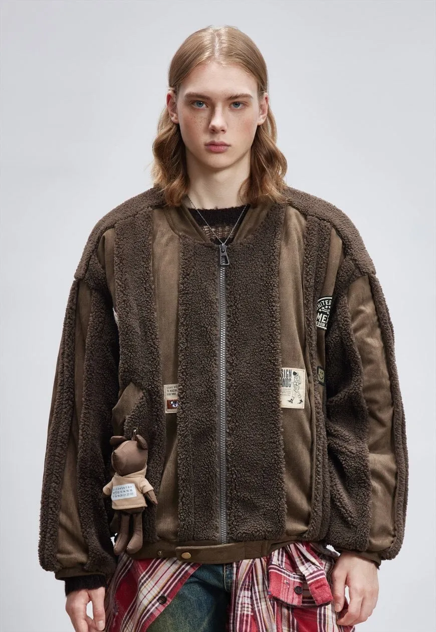 Grunge fleece bomber brown Korean inspired fluffy varsity