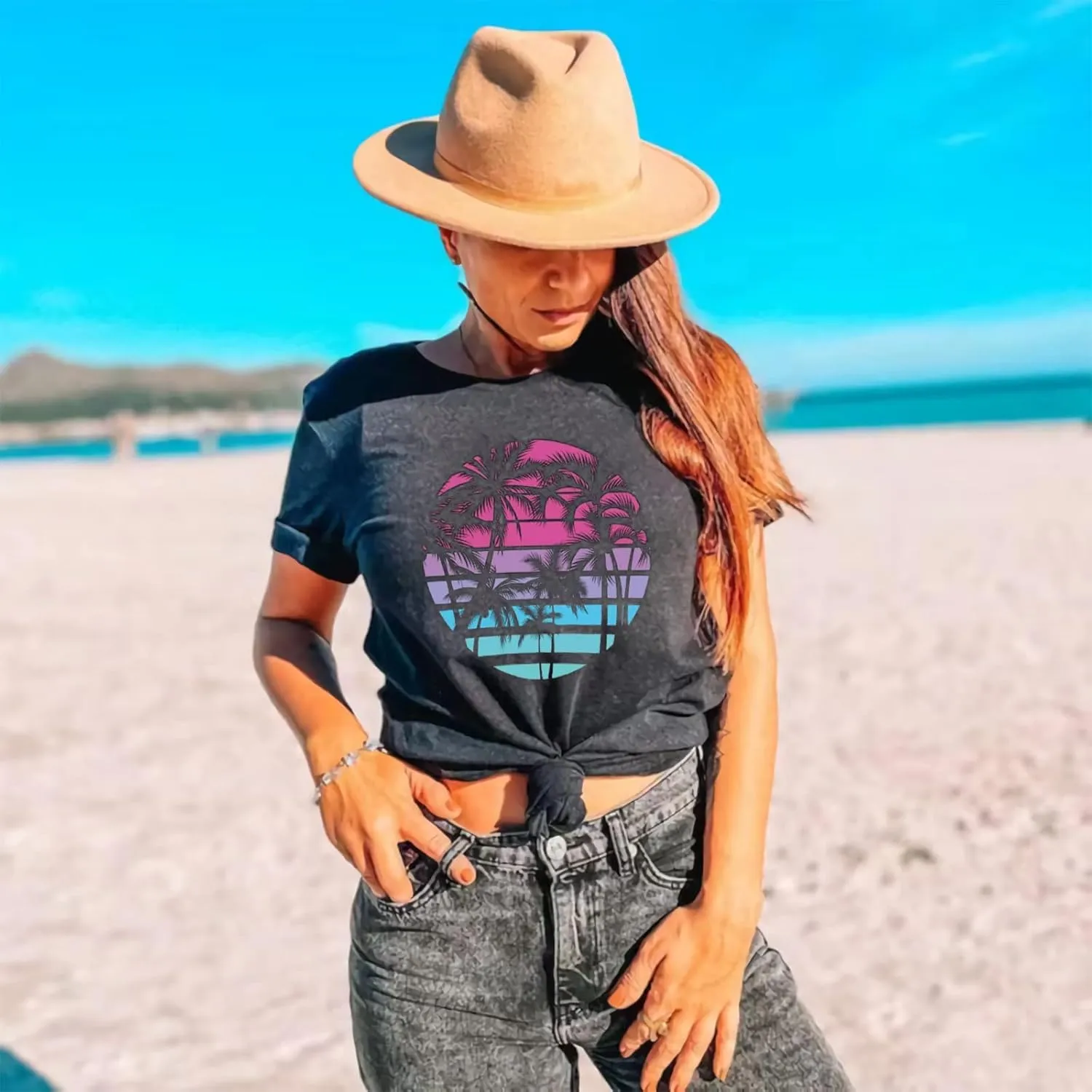 Hawaiian Shirts for Women Palm Trees Graphic Tees Summer Beach Vacation Tops Short Sleeve Casual Tshirt