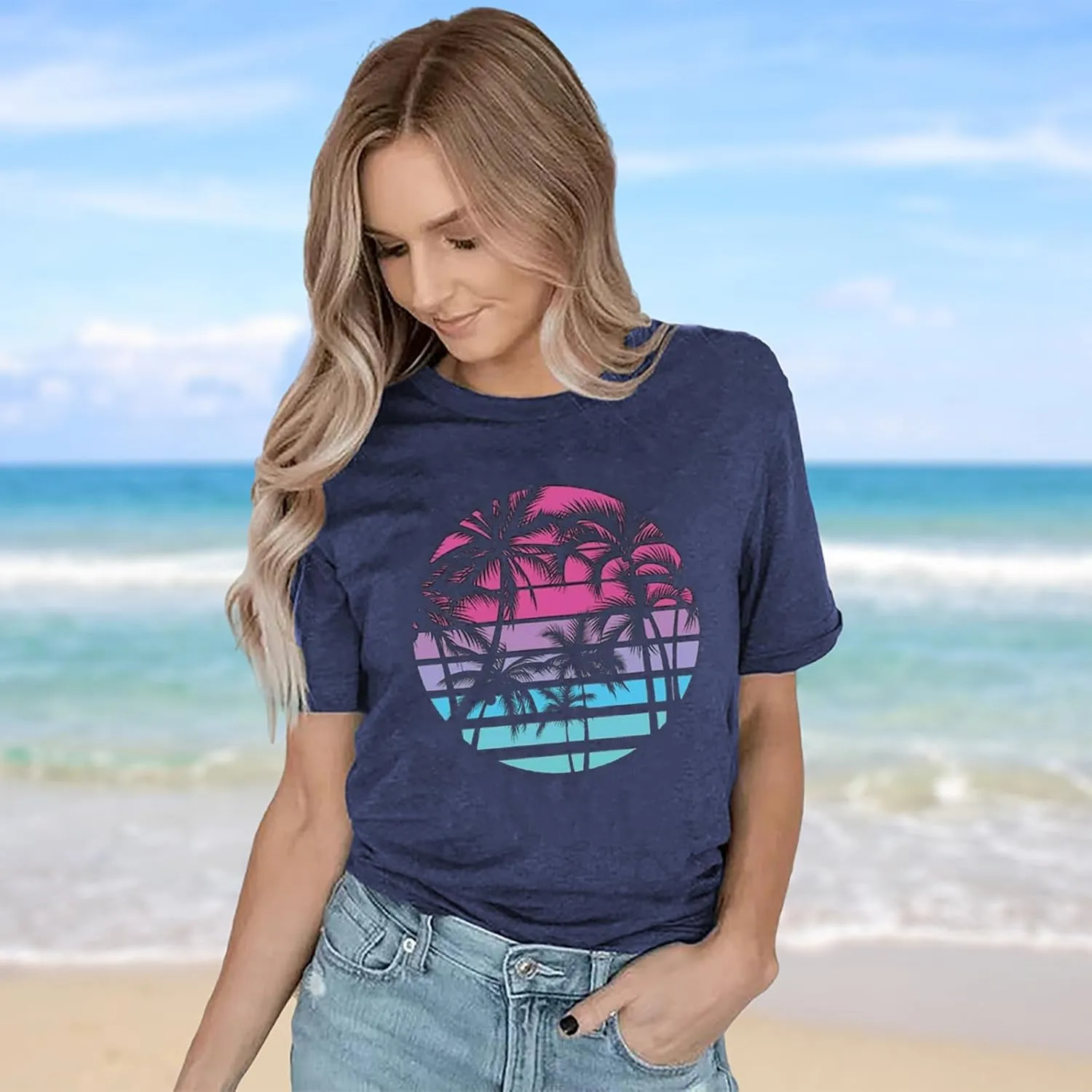 Hawaiian Shirts for Women Palm Trees Graphic Tees Summer Beach Vacation Tops Short Sleeve Casual Tshirt