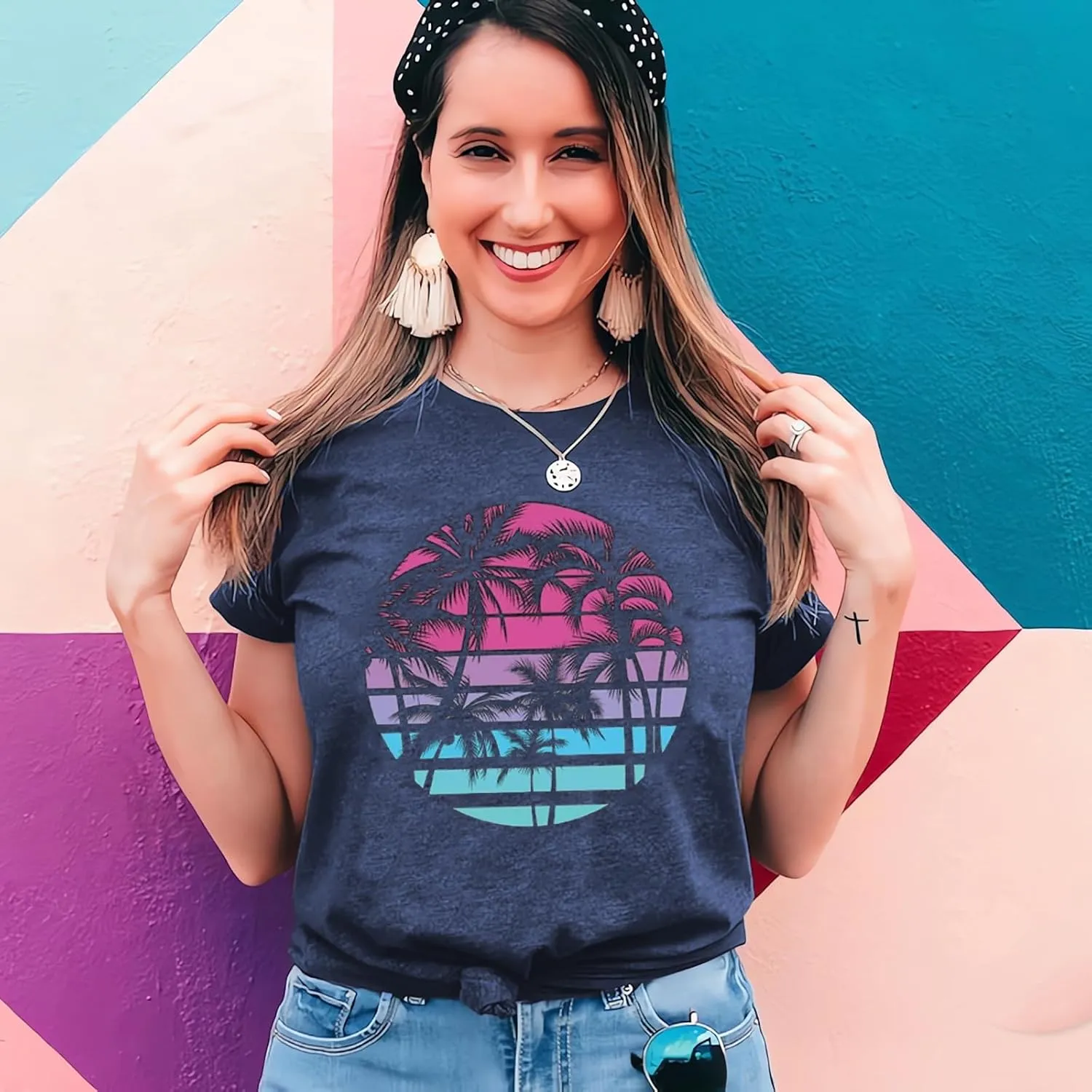 Hawaiian Shirts for Women Palm Trees Graphic Tees Summer Beach Vacation Tops Short Sleeve Casual Tshirt