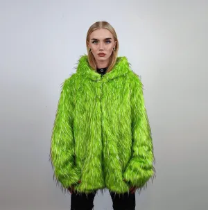 Hooded shaggy faux fur jacket neon bomber bright raver coat fluffy winter fleece luminous festival overcoat burning man fuzzy trench green