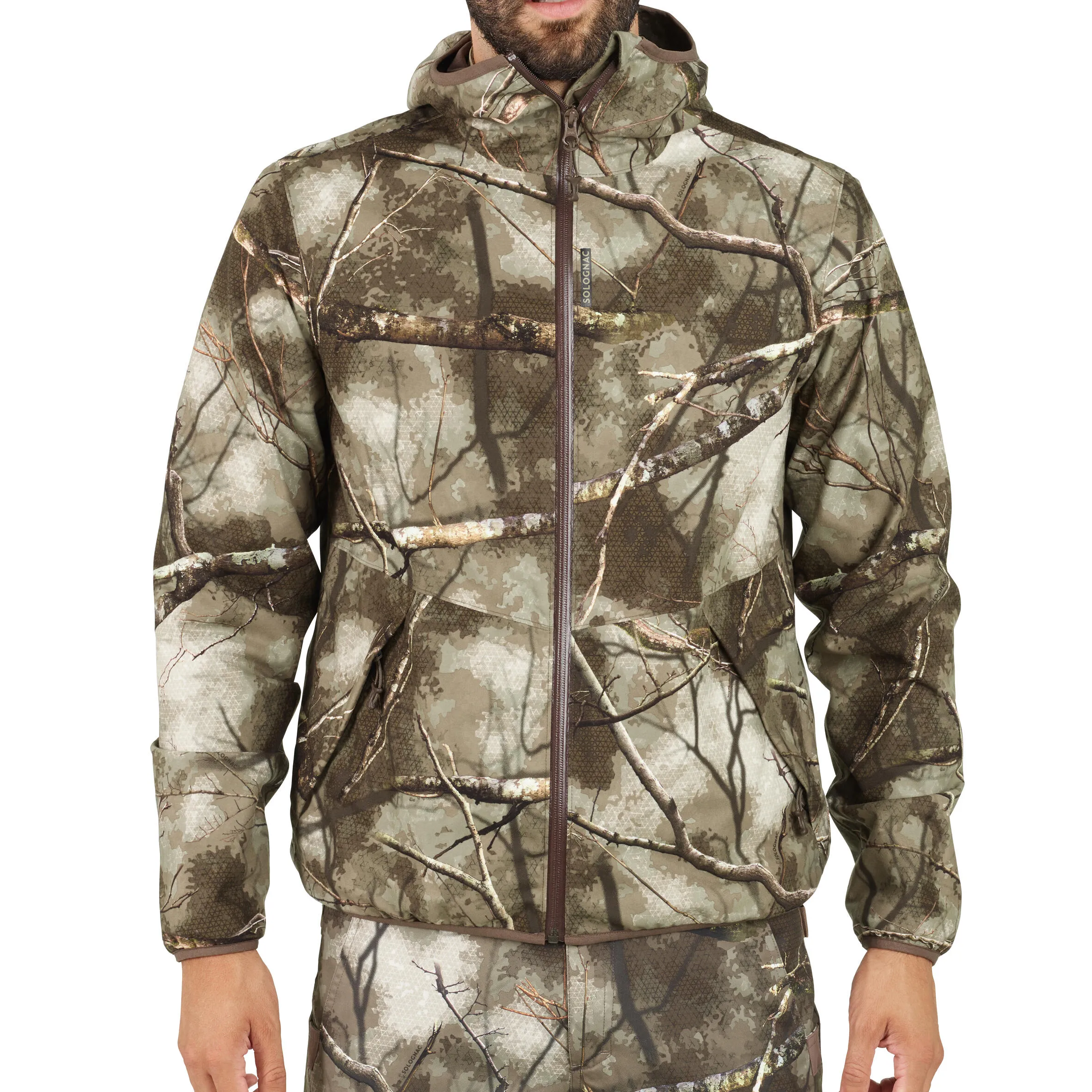 Hunting raincoat TREEMETIC 500 low noise waterproof camouflage SOLOGNAC, camouflage