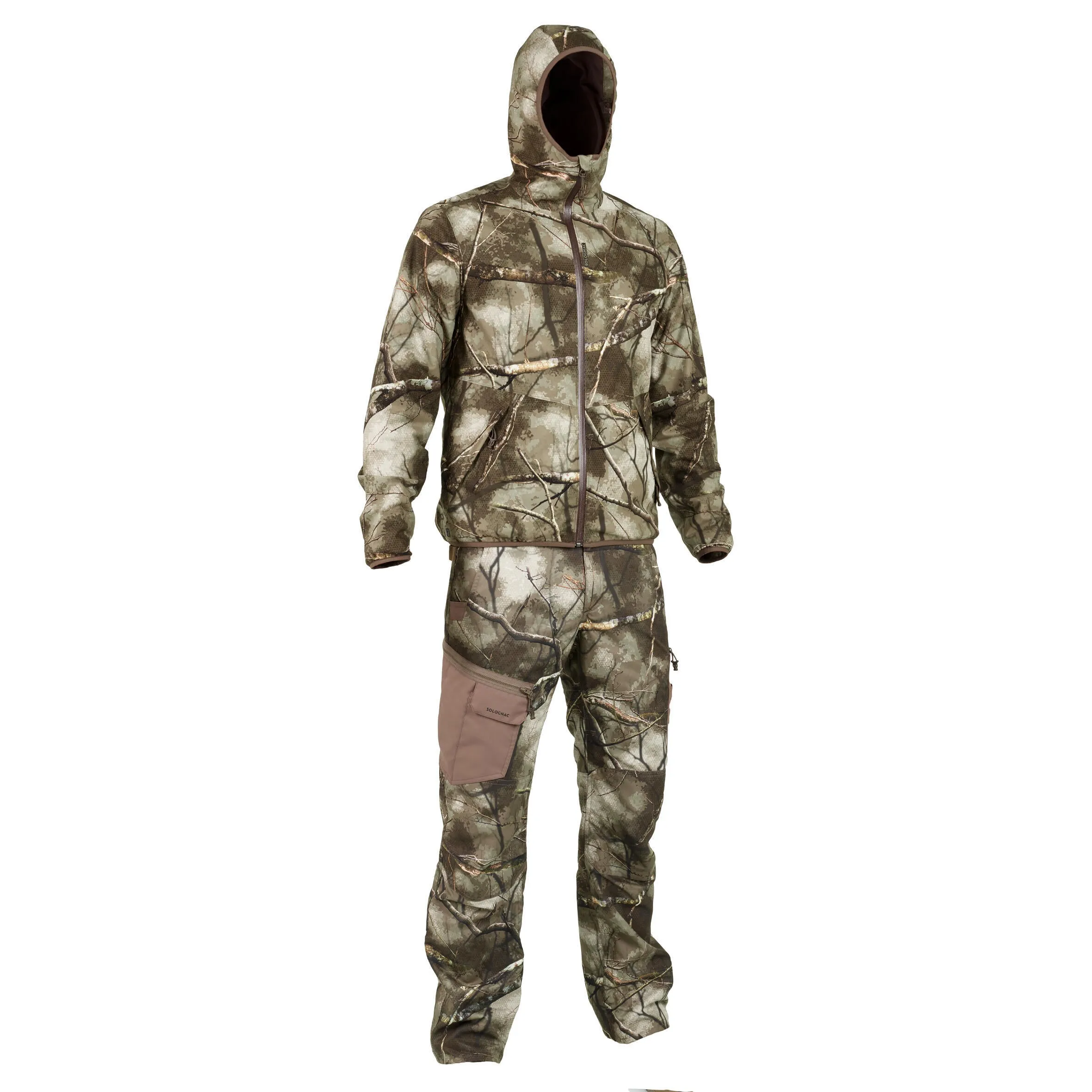 Hunting raincoat TREEMETIC 500 low noise waterproof camouflage SOLOGNAC, camouflage