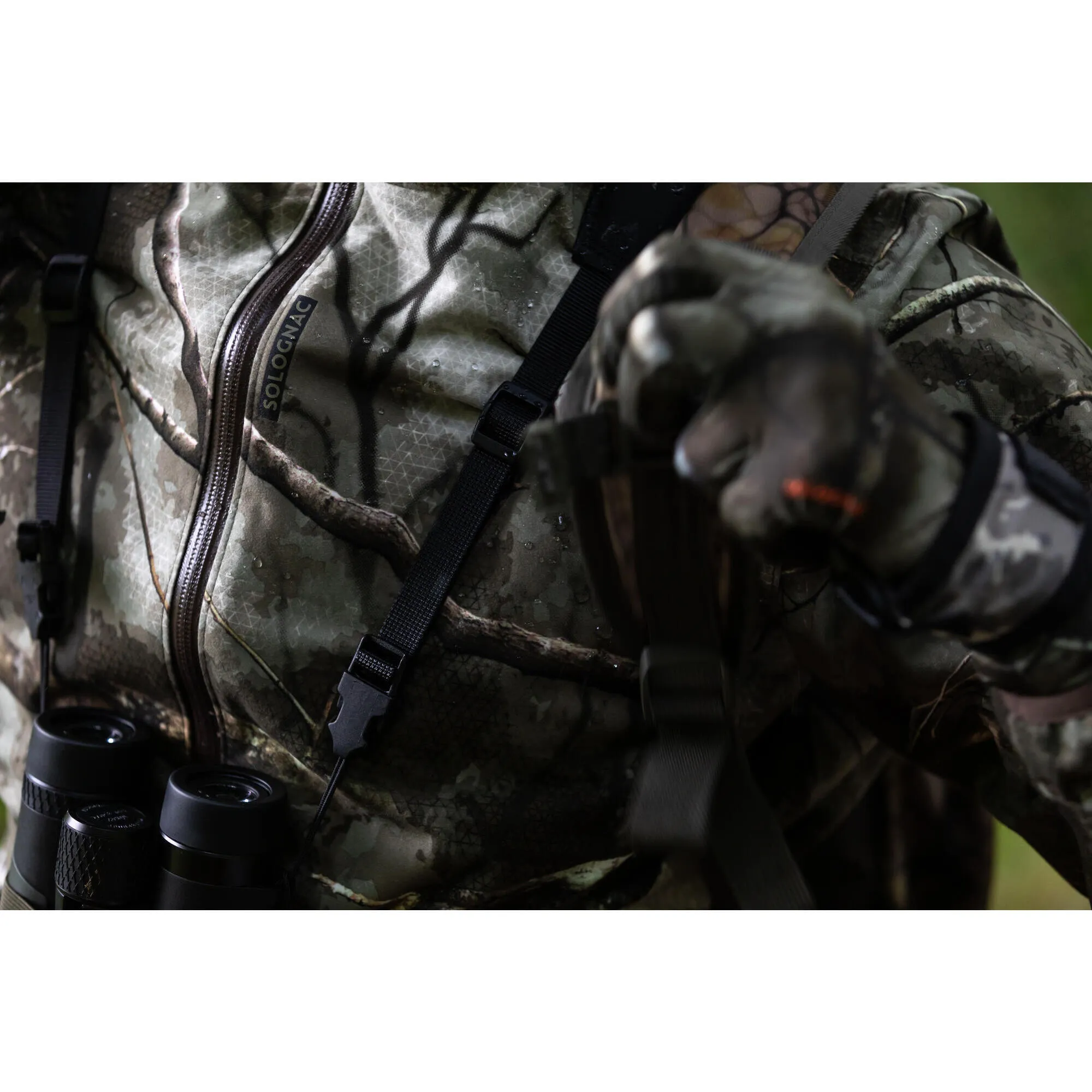 Hunting raincoat TREEMETIC 500 low noise waterproof camouflage SOLOGNAC, camouflage