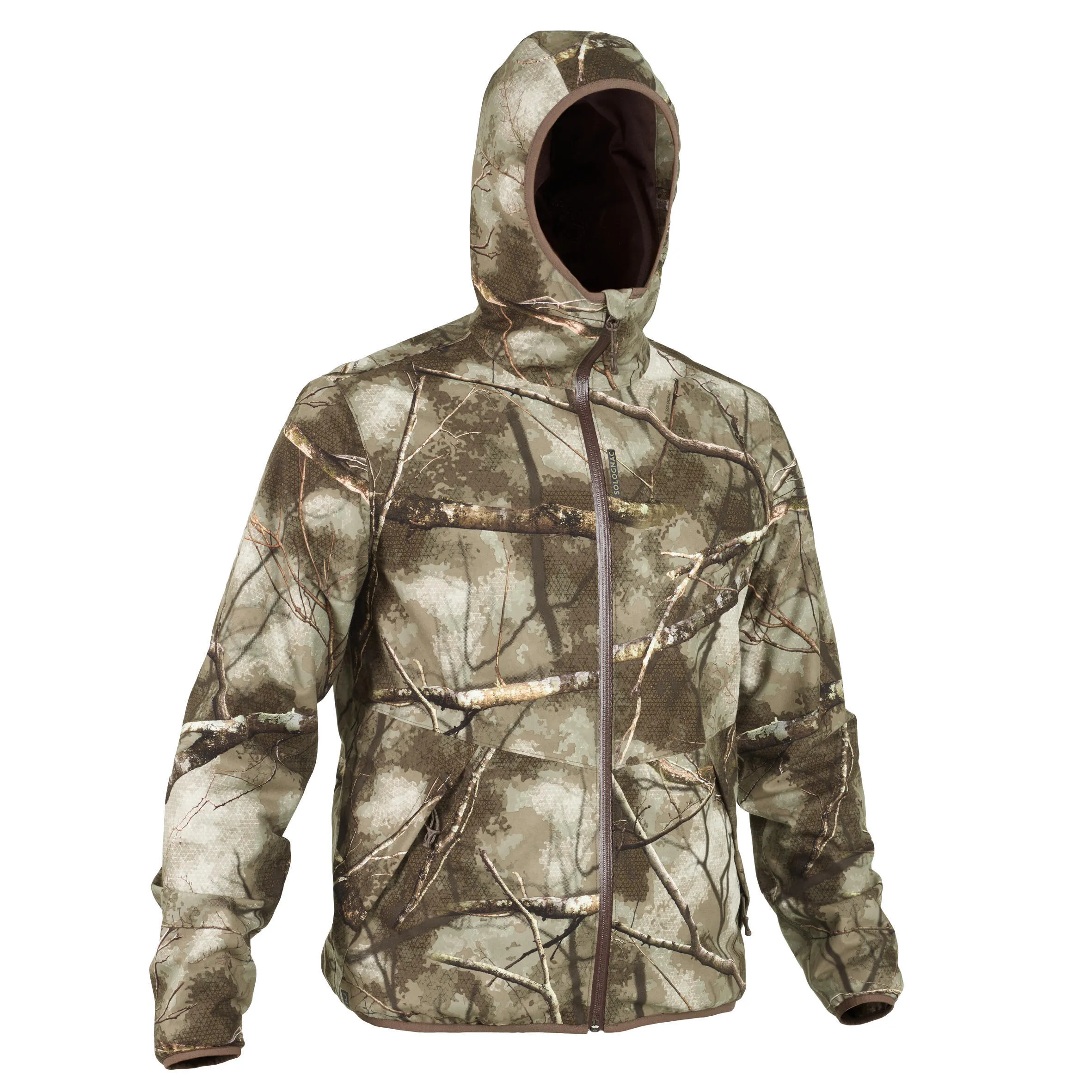 Hunting raincoat TREEMETIC 500 low noise waterproof camouflage SOLOGNAC, camouflage