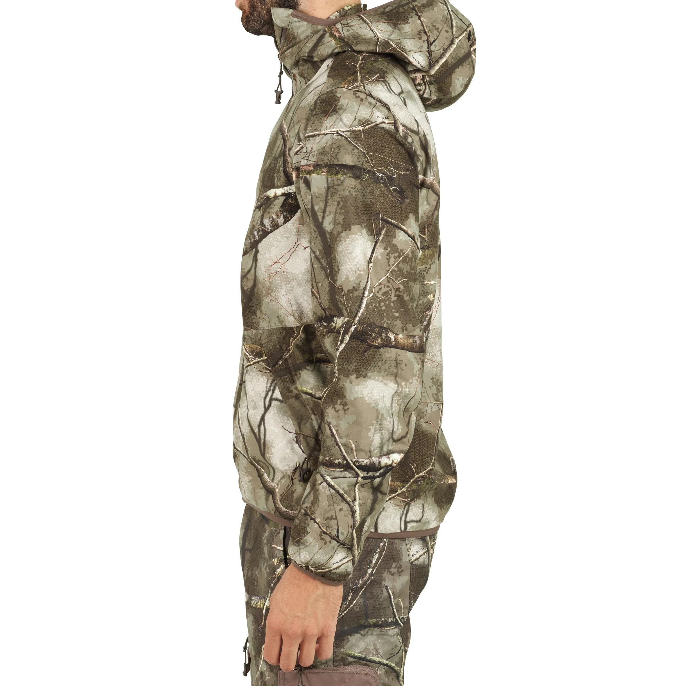 Hunting raincoat TREEMETIC 500 low noise waterproof camouflage SOLOGNAC, camouflage