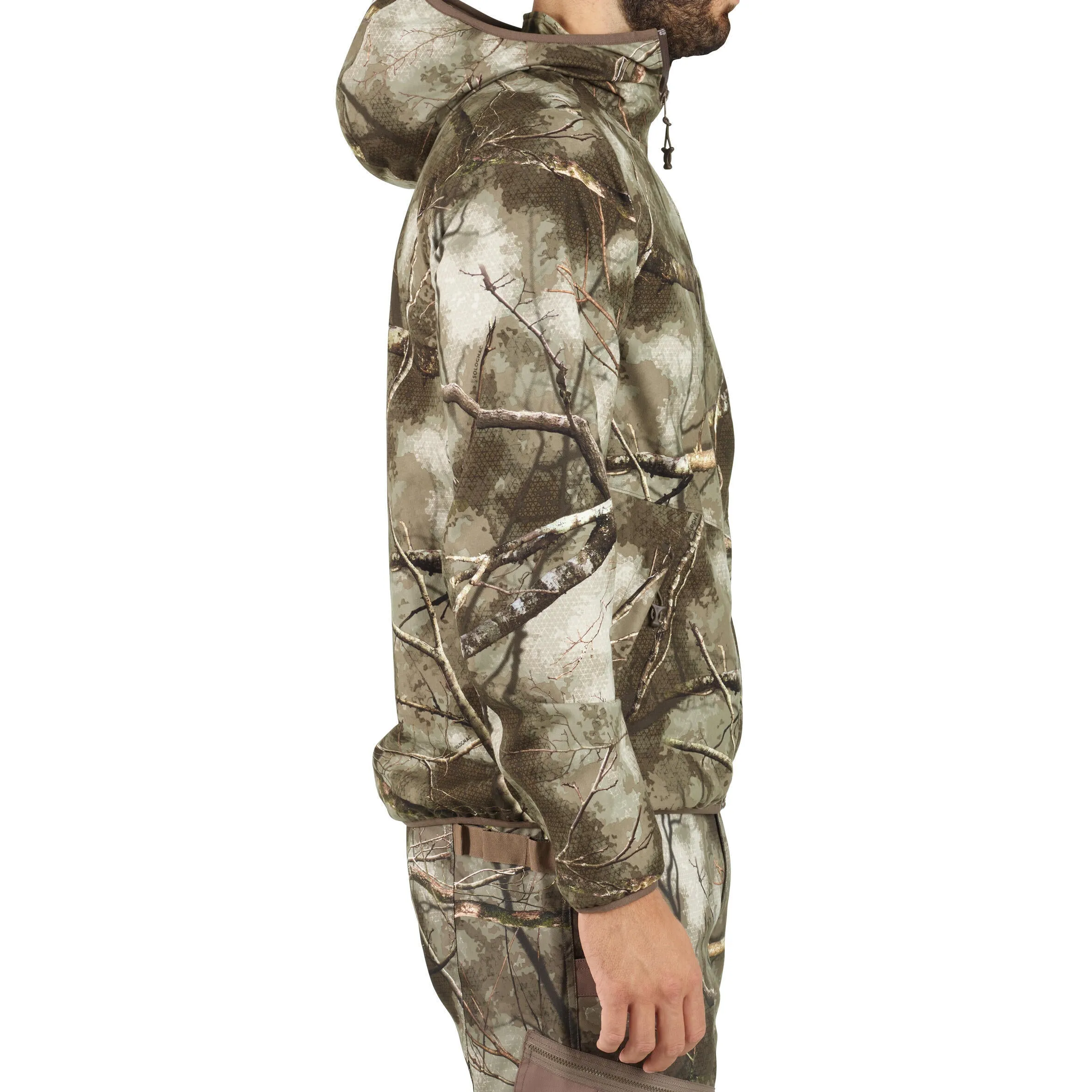 Hunting raincoat TREEMETIC 500 low noise waterproof camouflage SOLOGNAC, camouflage