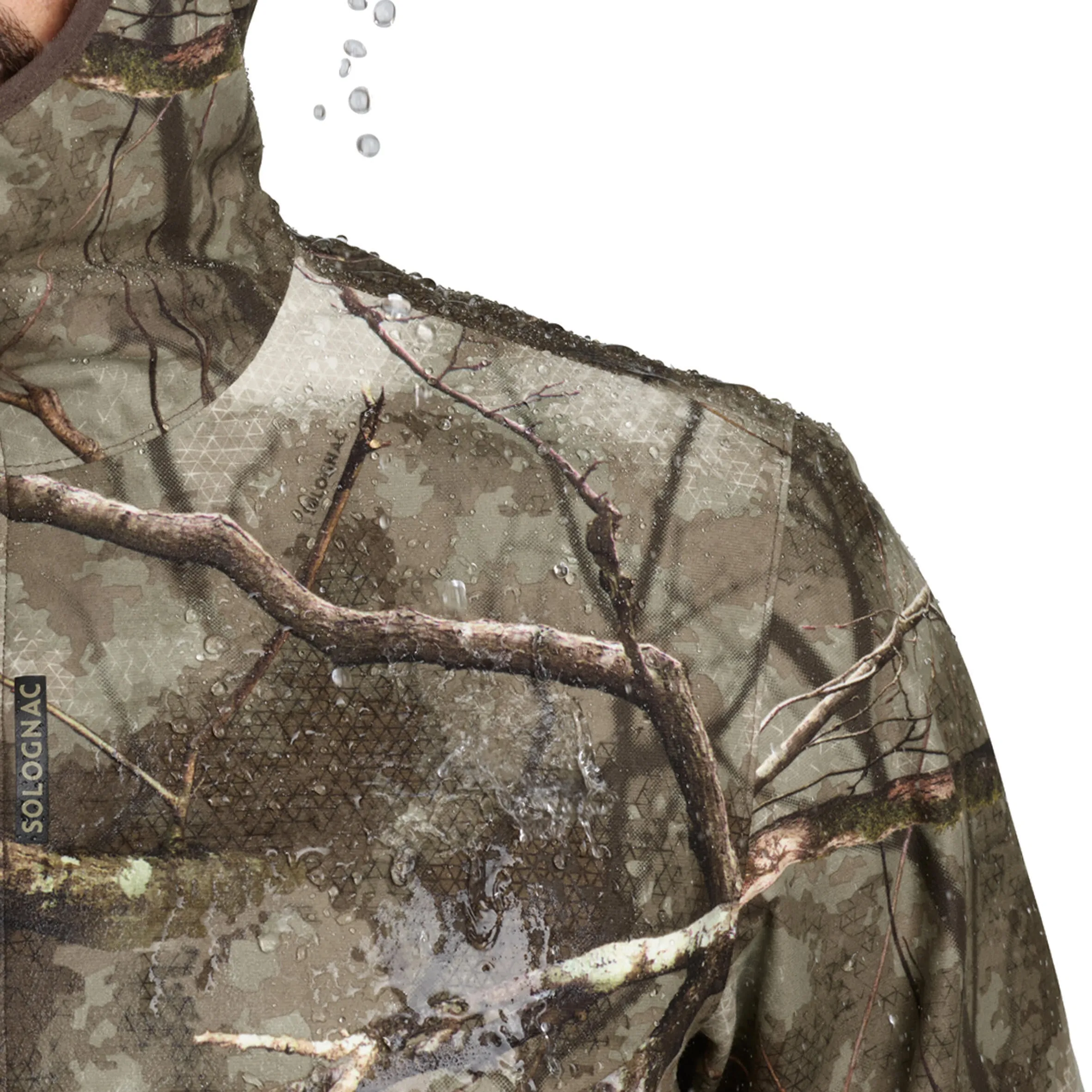 Hunting raincoat TREEMETIC 500 low noise waterproof camouflage SOLOGNAC, camouflage