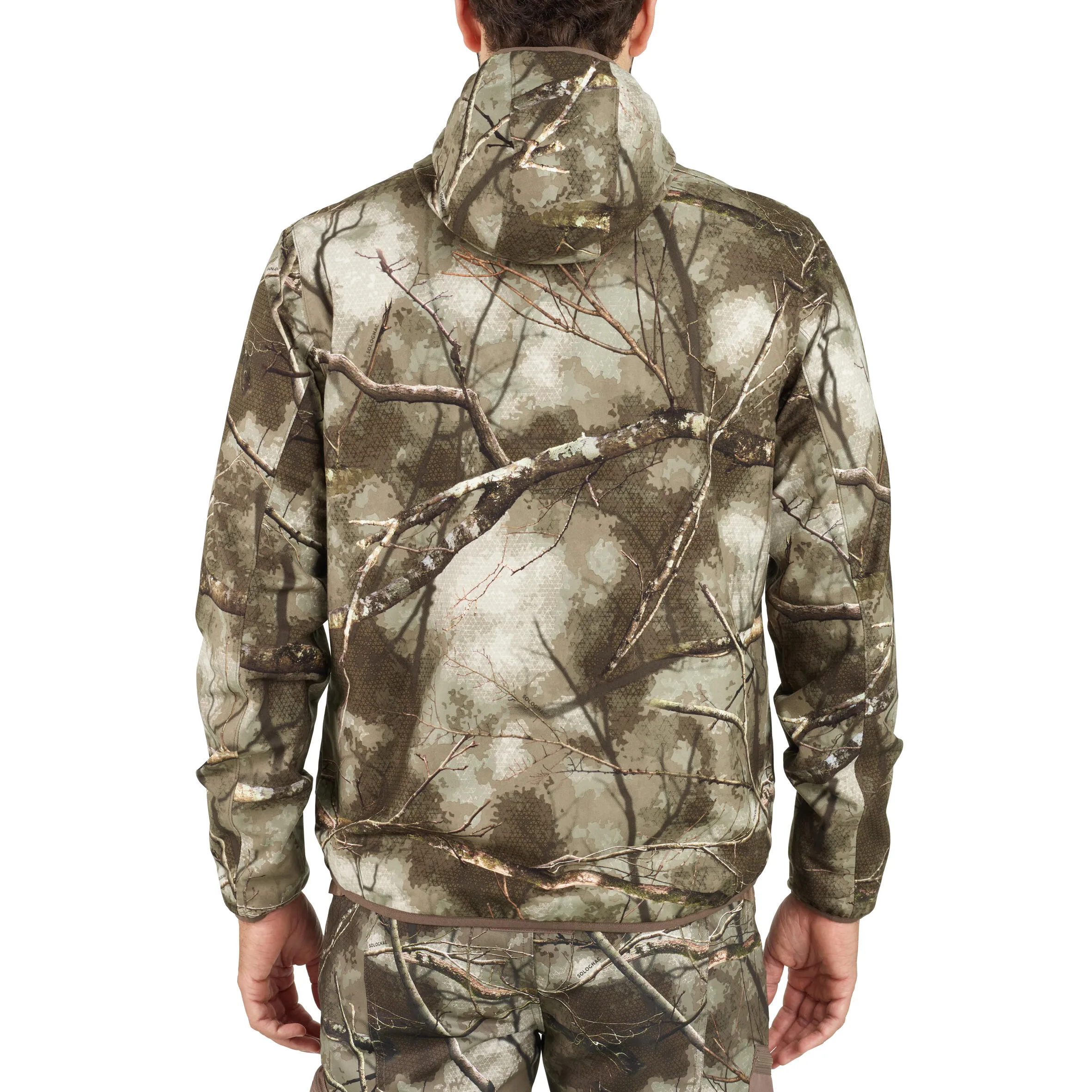 Hunting raincoat TREEMETIC 500 low noise waterproof camouflage SOLOGNAC, camouflage
