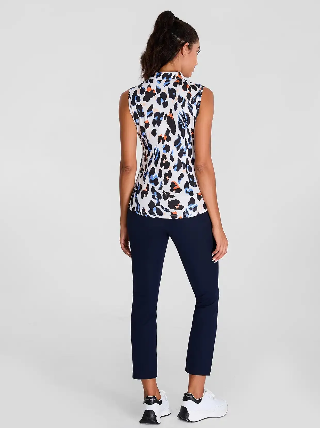 Leopard Print Quartet-zip Sleeveless Polo Shirts For Women