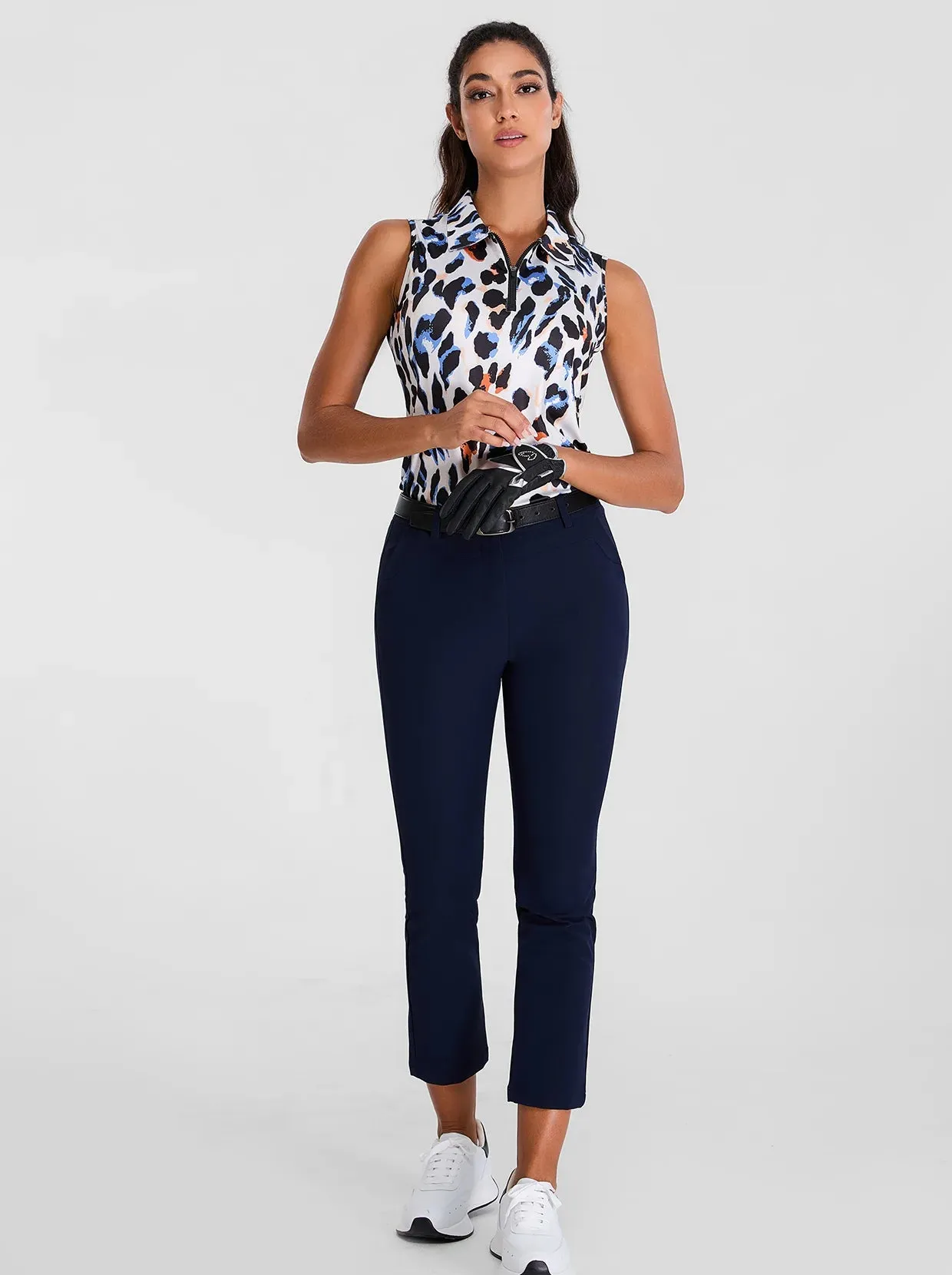 Leopard Print Quartet-zip Sleeveless Polo Shirts For Women