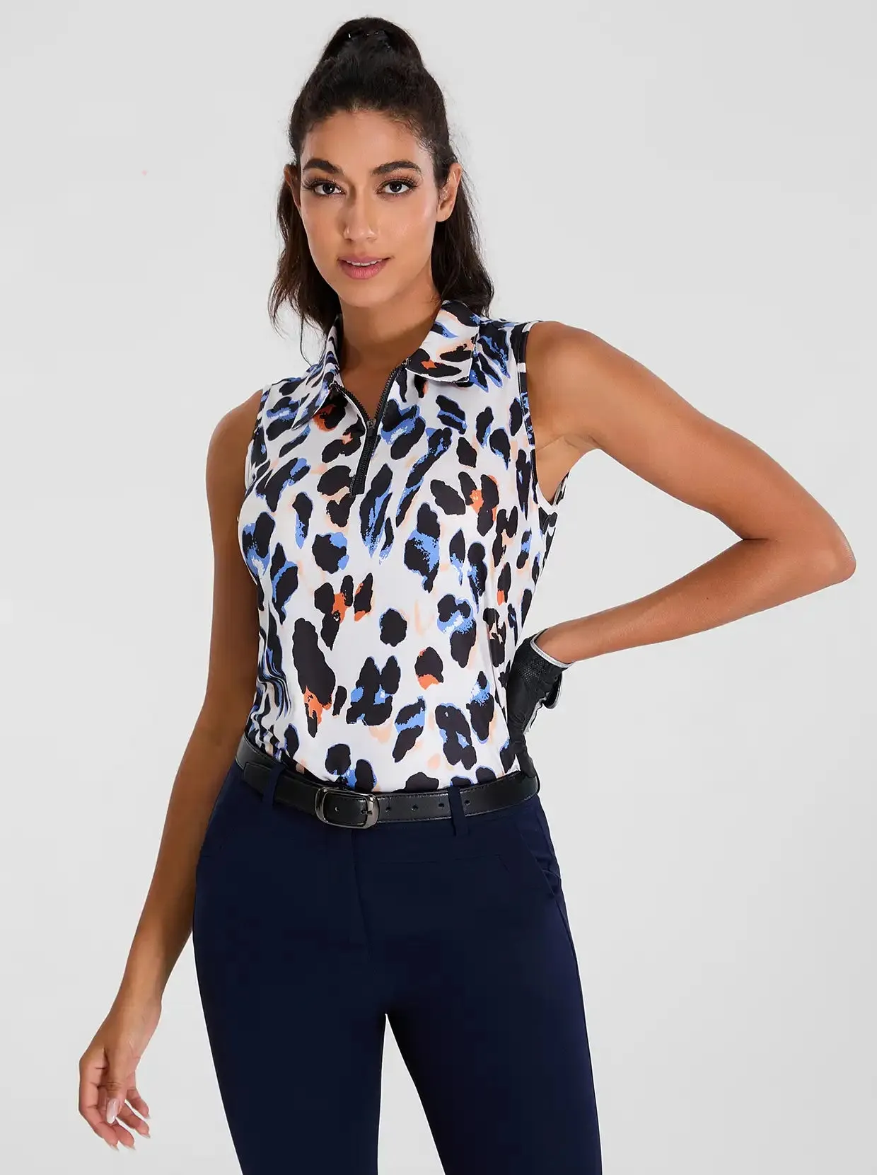 Leopard Print Quartet-zip Sleeveless Polo Shirts For Women