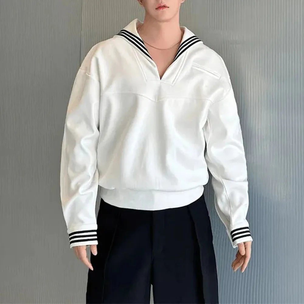 Mens Hoodie Navy Collar Versatile Fashion Long Sleeved Hoodie Autumn Casual Hawaiian