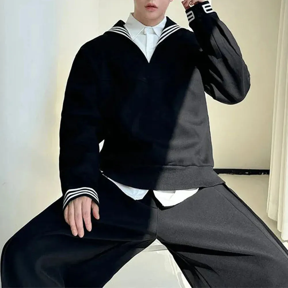 Mens Hoodie Navy Collar Versatile Fashion Long Sleeved Hoodie Autumn Casual Hawaiian