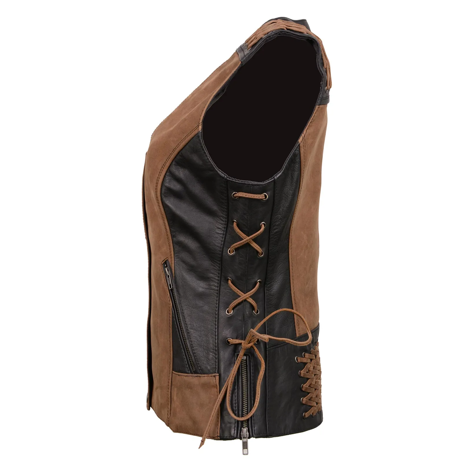 MLL4509 Women's 'Smoocher' Vintage Two Tone Crazy Horse Brown and Black Leather Club Style Motorcycle Vest