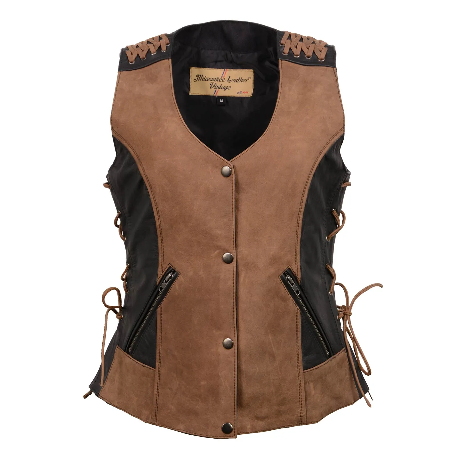 MLL4509 Women's 'Smoocher' Vintage Two Tone Crazy Horse Brown and Black Leather Club Style Motorcycle Vest