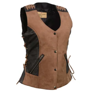 MLL4509 Women's 'Smoocher' Vintage Two Tone Crazy Horse Brown and Black Leather Club Style Motorcycle Vest