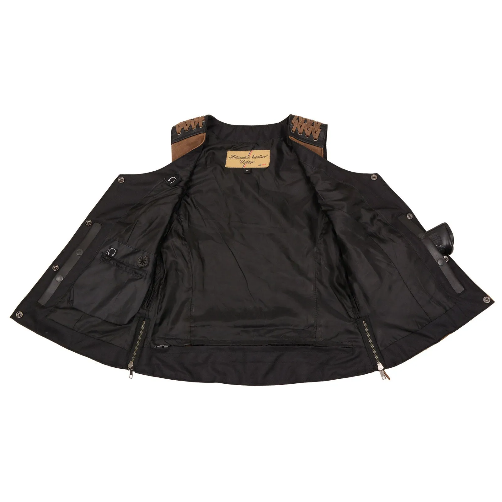 MLL4509 Women's 'Smoocher' Vintage Two Tone Crazy Horse Brown and Black Leather Club Style Motorcycle Vest