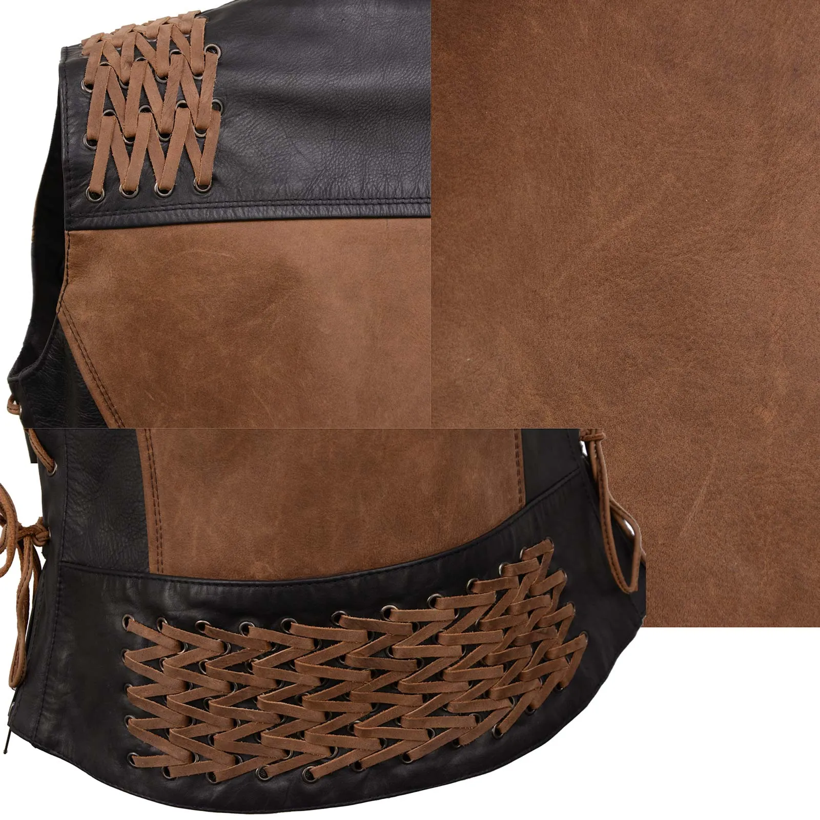 MLL4509 Women's 'Smoocher' Vintage Two Tone Crazy Horse Brown and Black Leather Club Style Motorcycle Vest