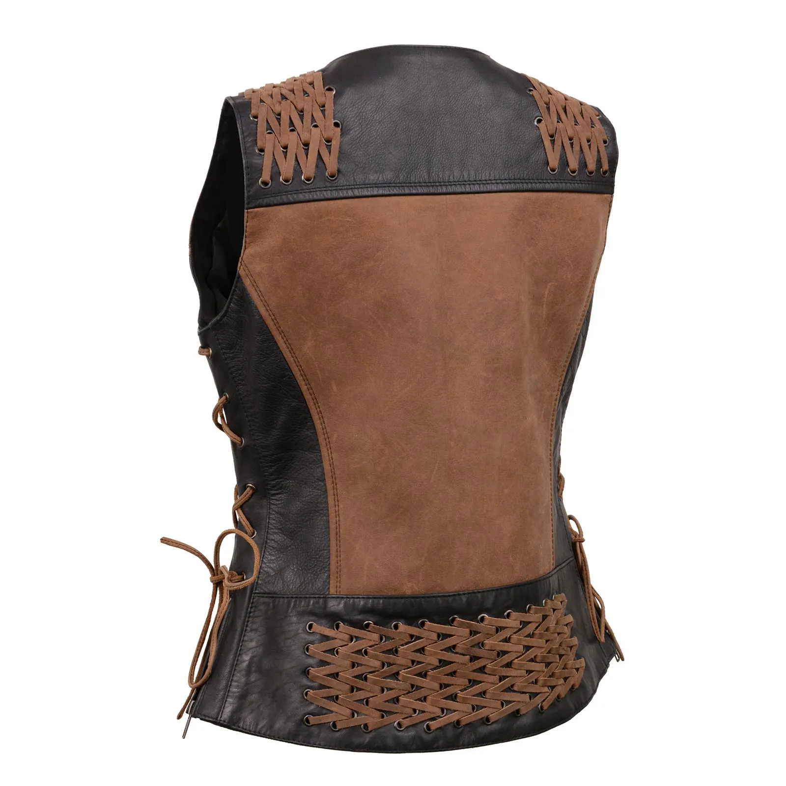 MLL4509 Women's 'Smoocher' Vintage Two Tone Crazy Horse Brown and Black Leather Club Style Motorcycle Vest