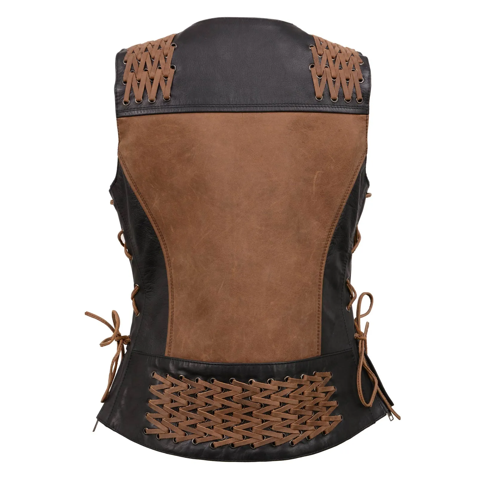 MLL4509 Women's 'Smoocher' Vintage Two Tone Crazy Horse Brown and Black Leather Club Style Motorcycle Vest
