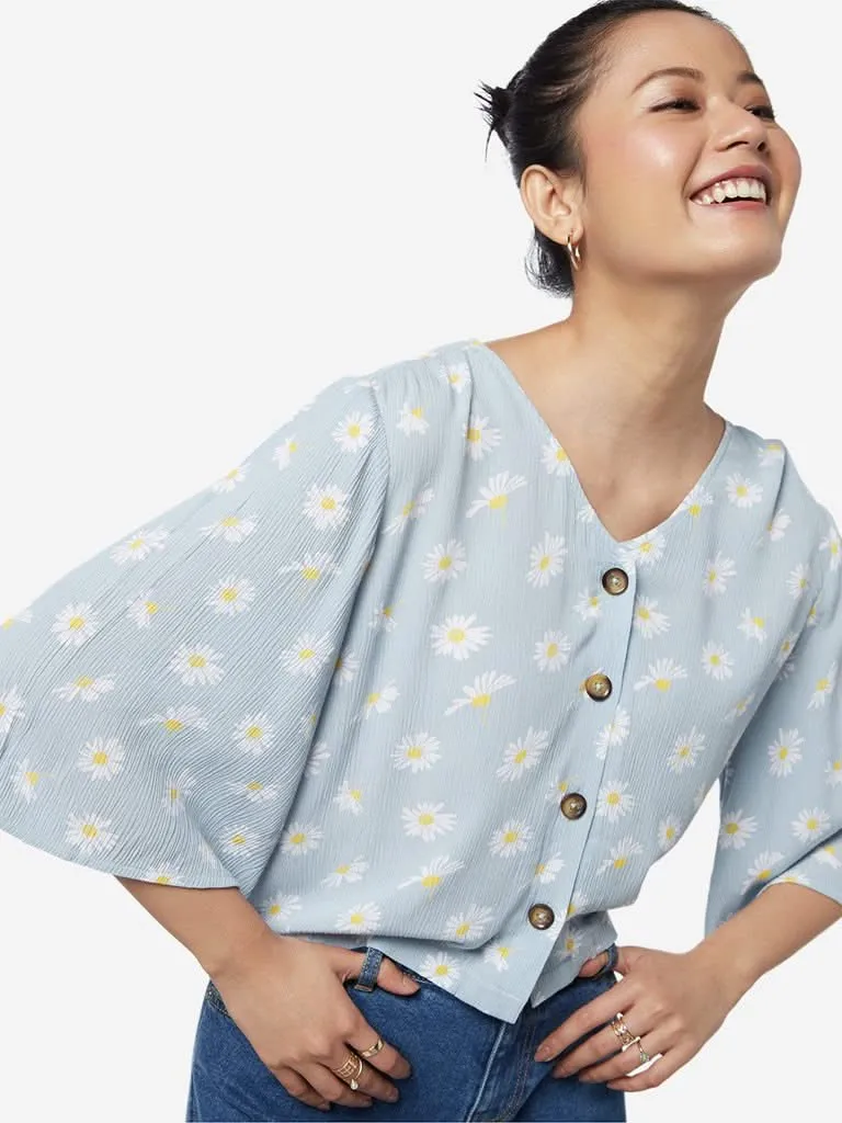 Nuon Blue Floral Print Crepe Top