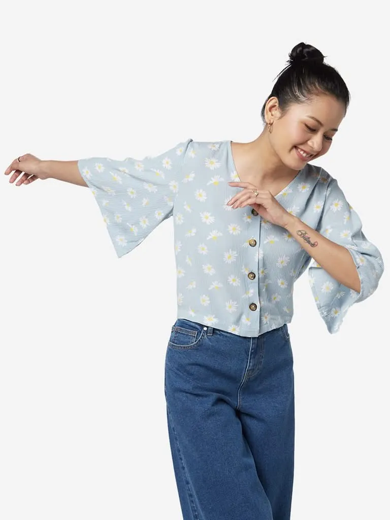 Nuon Blue Floral Print Crepe Top