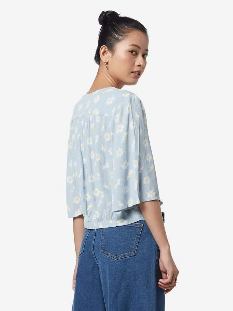 Nuon Blue Floral Print Crepe Top