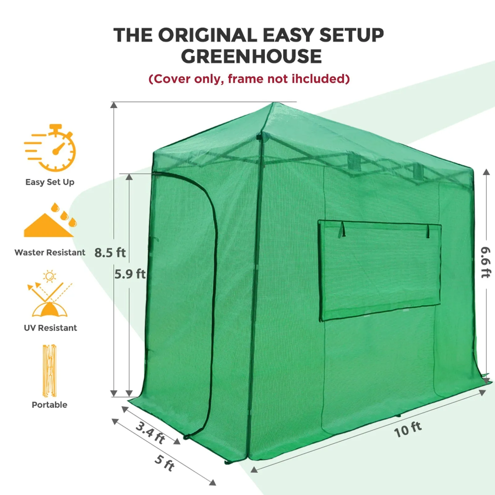 Replacement Cover for 10x5 Portable Lean-to Greenhouse (Frame Not Included), Green