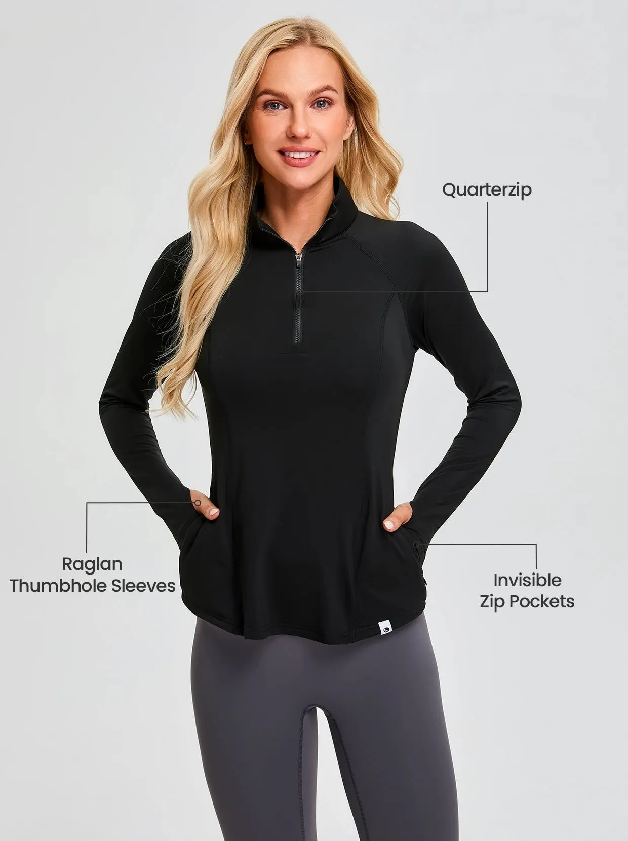 Solid Black Quarter-zip Long-sleeve Fleece Tops for Women