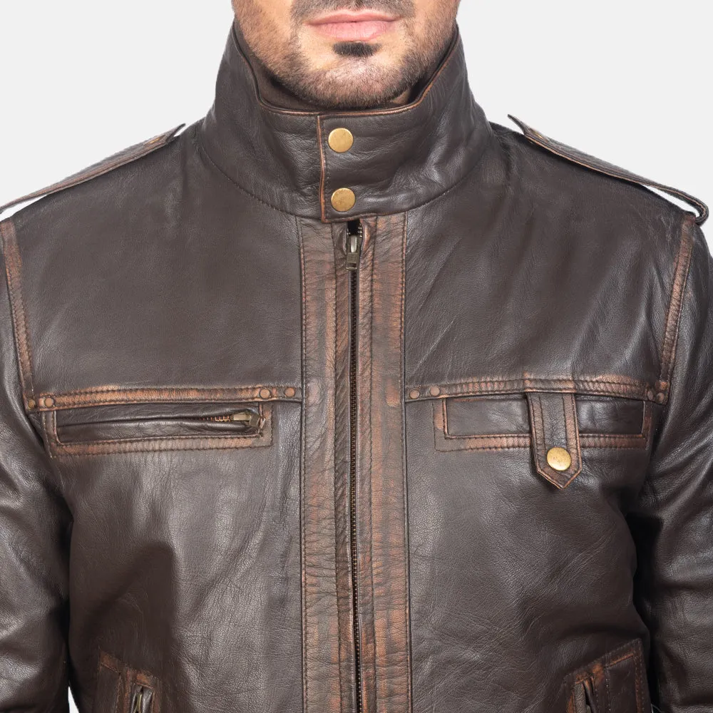 Street Brown Leather Bomber Jacket