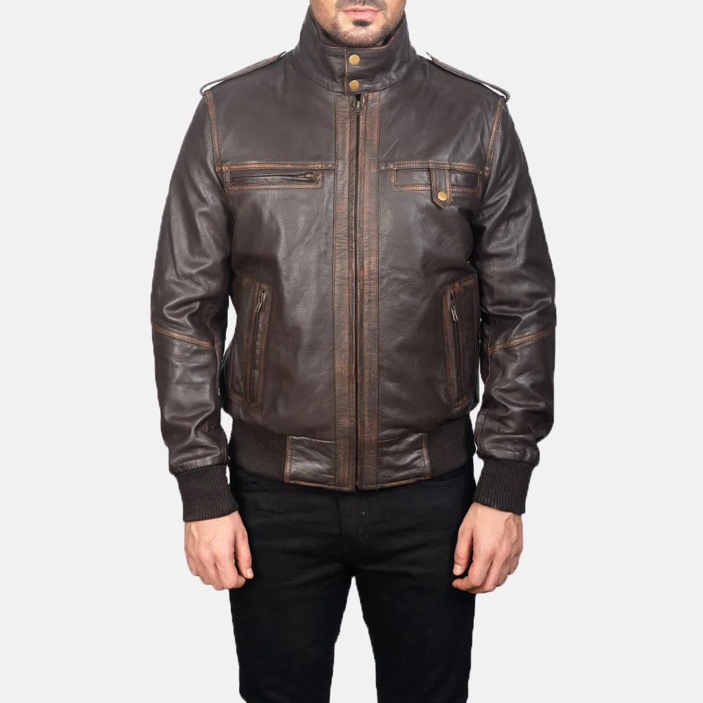 Street Brown Leather Bomber Jacket