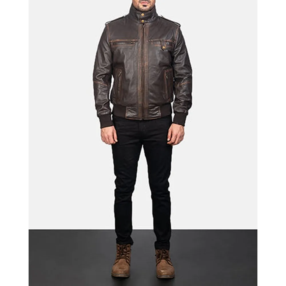 Street Brown Leather Bomber Jacket