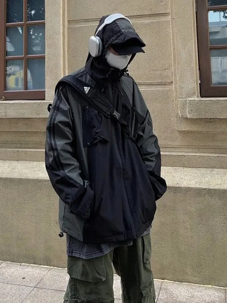 Wenkouban Vintage Black Hooded Jackets Women Y2k Oversize Windbreaker Japanese Style Techwear Harajuku Street Zipper Track Jackets